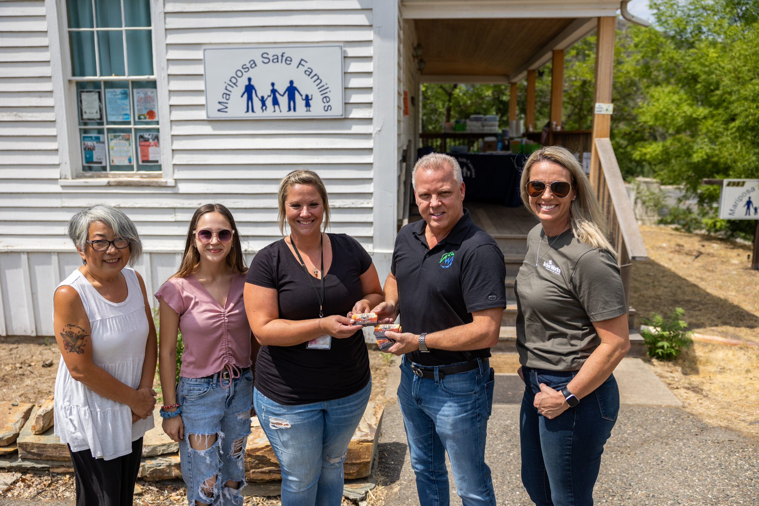 Left to right, Donna Santi, Heather Livingston and Megan Atkinson from Mariposa Safe Families with Frank Bardonaro and myself delivering the gift cards on July 28, 2022 | Picture by Owen Lee